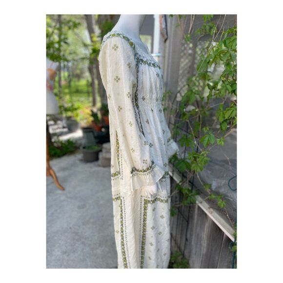SOLD 70s boho Wool Maxi Dress Floral Print Chevron Jaquard Smocked Off Shoulder - Picture 5 of 13